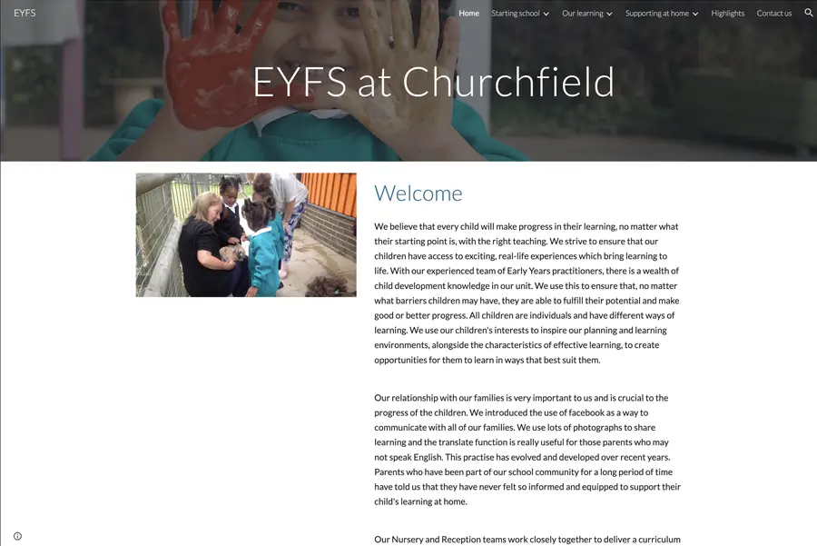 A screenshot of the  Churchfield School'sEYFS Page Site