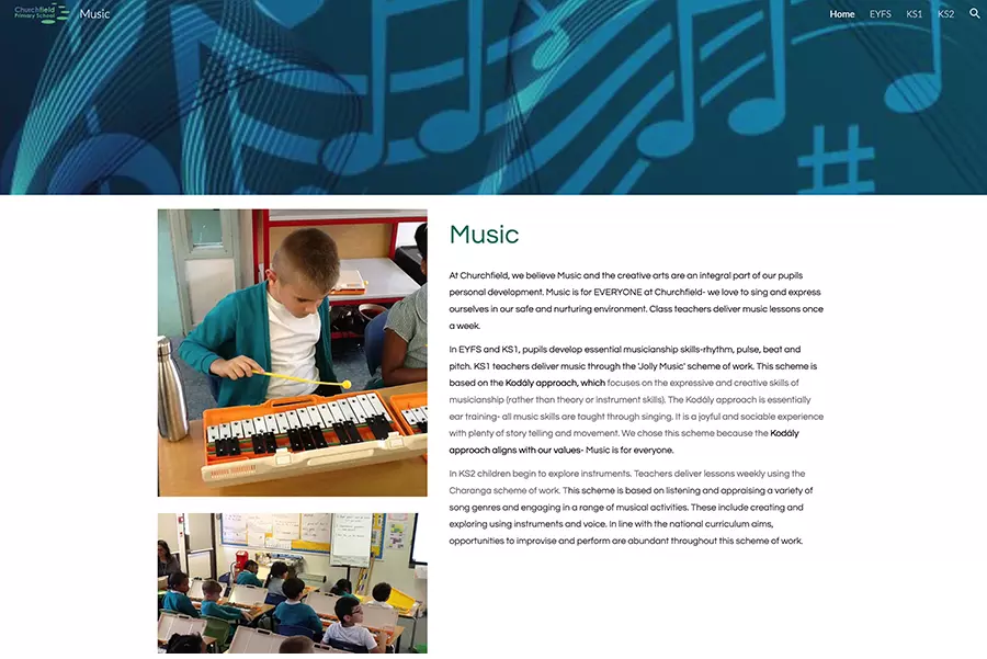 A screenshot of the Churchfield Curriculum Google Site Page for Music